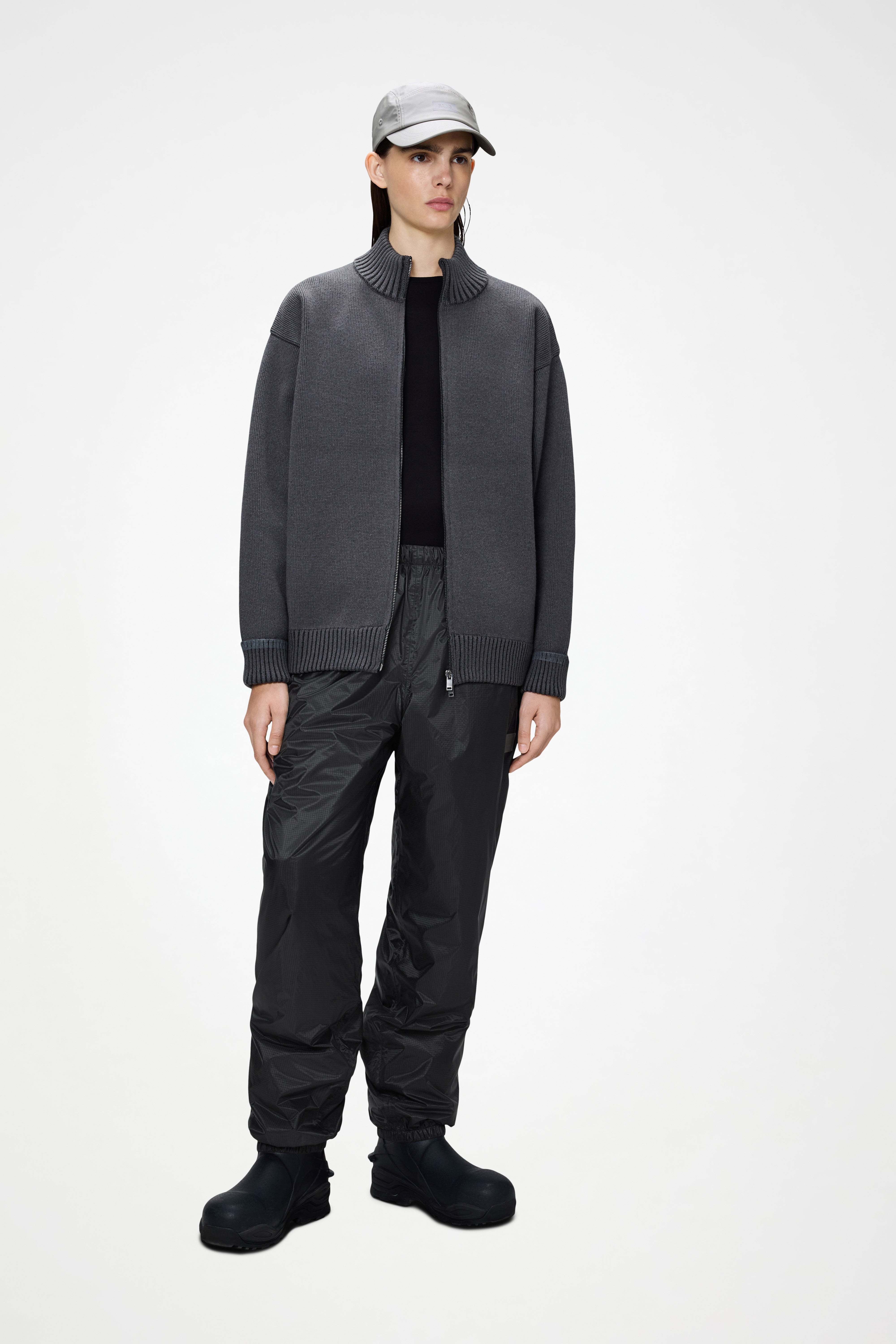 RAINS Sowa Knit Zip Cardigan Grey/Black Long Sleeve