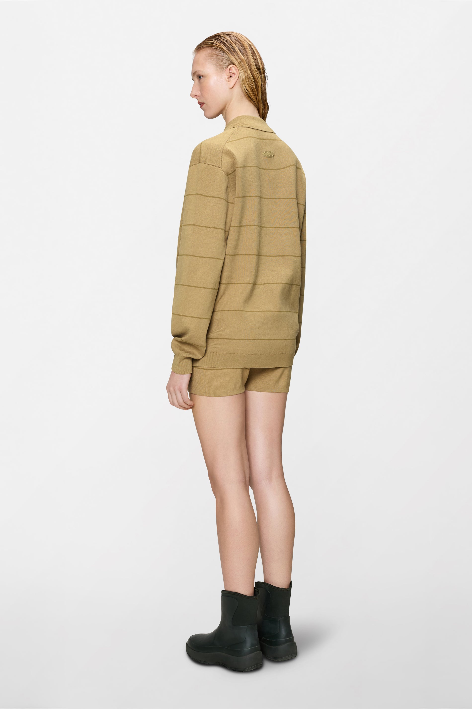 RAINS Striped Knit Long Sleeve Polo Fawn Long Sleeve
