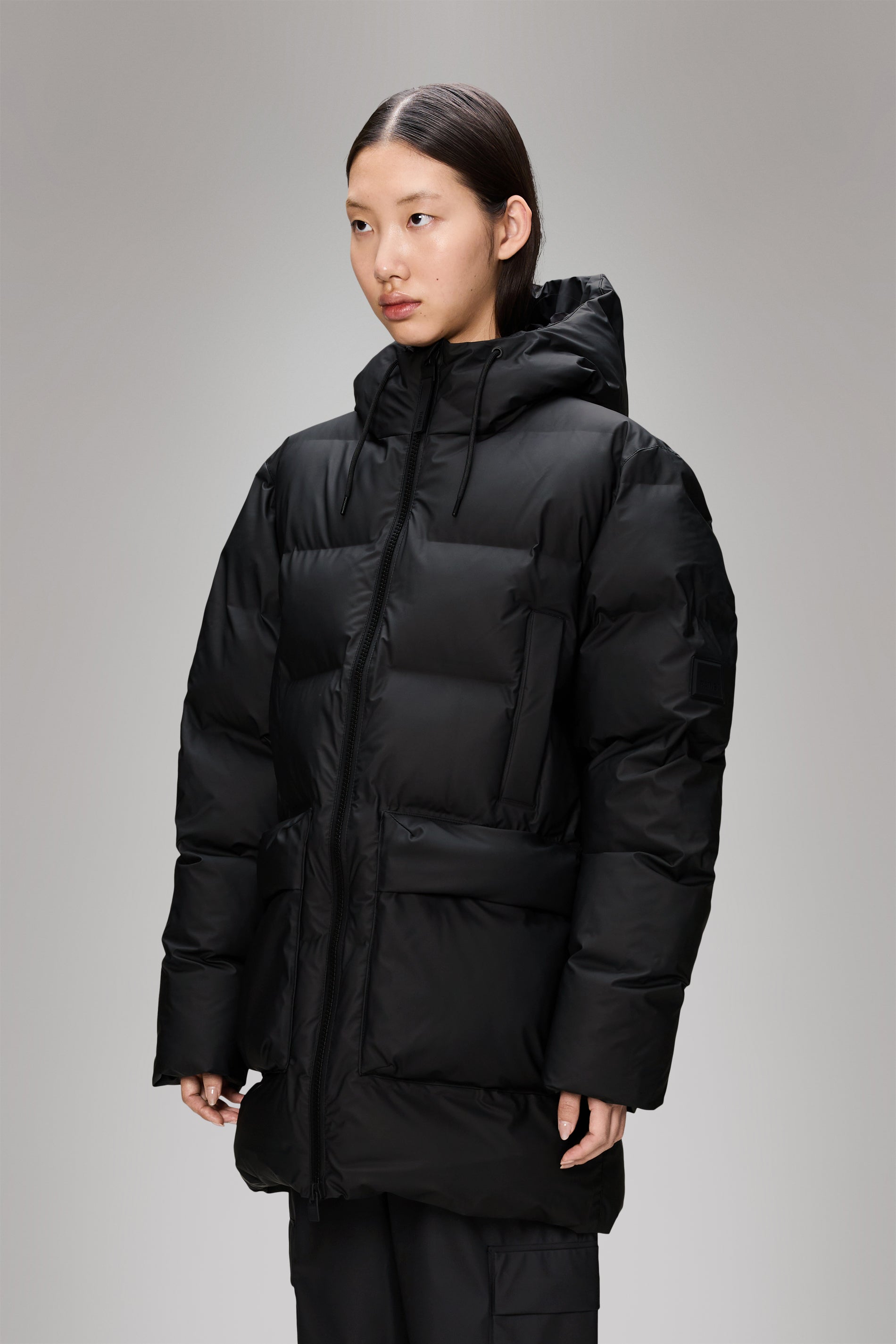 Rains Alta Long Puffer Cargo Jacket Black Jacket