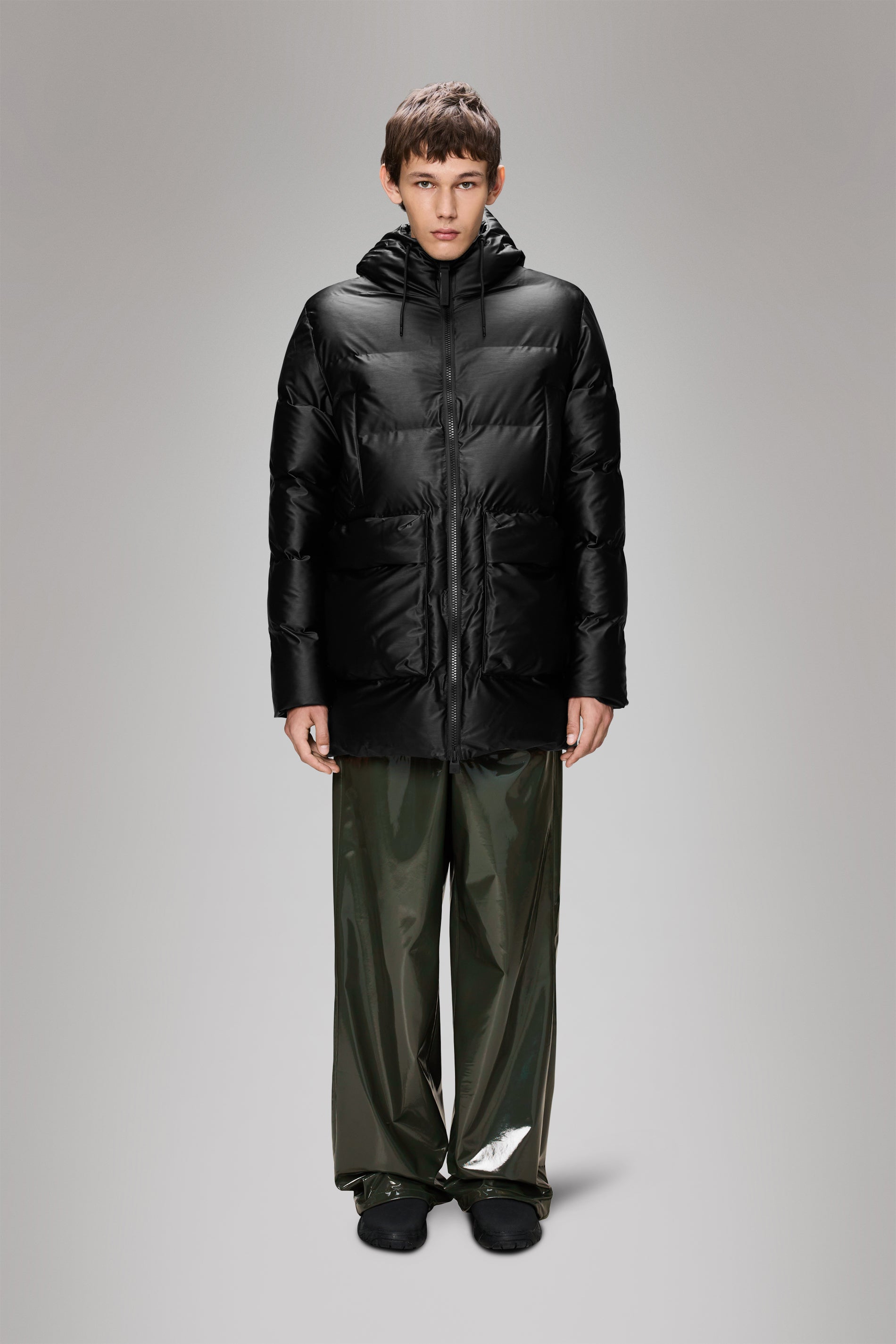 Rains Alta Long Puffer Cargo Jacket Black Grain Jacket