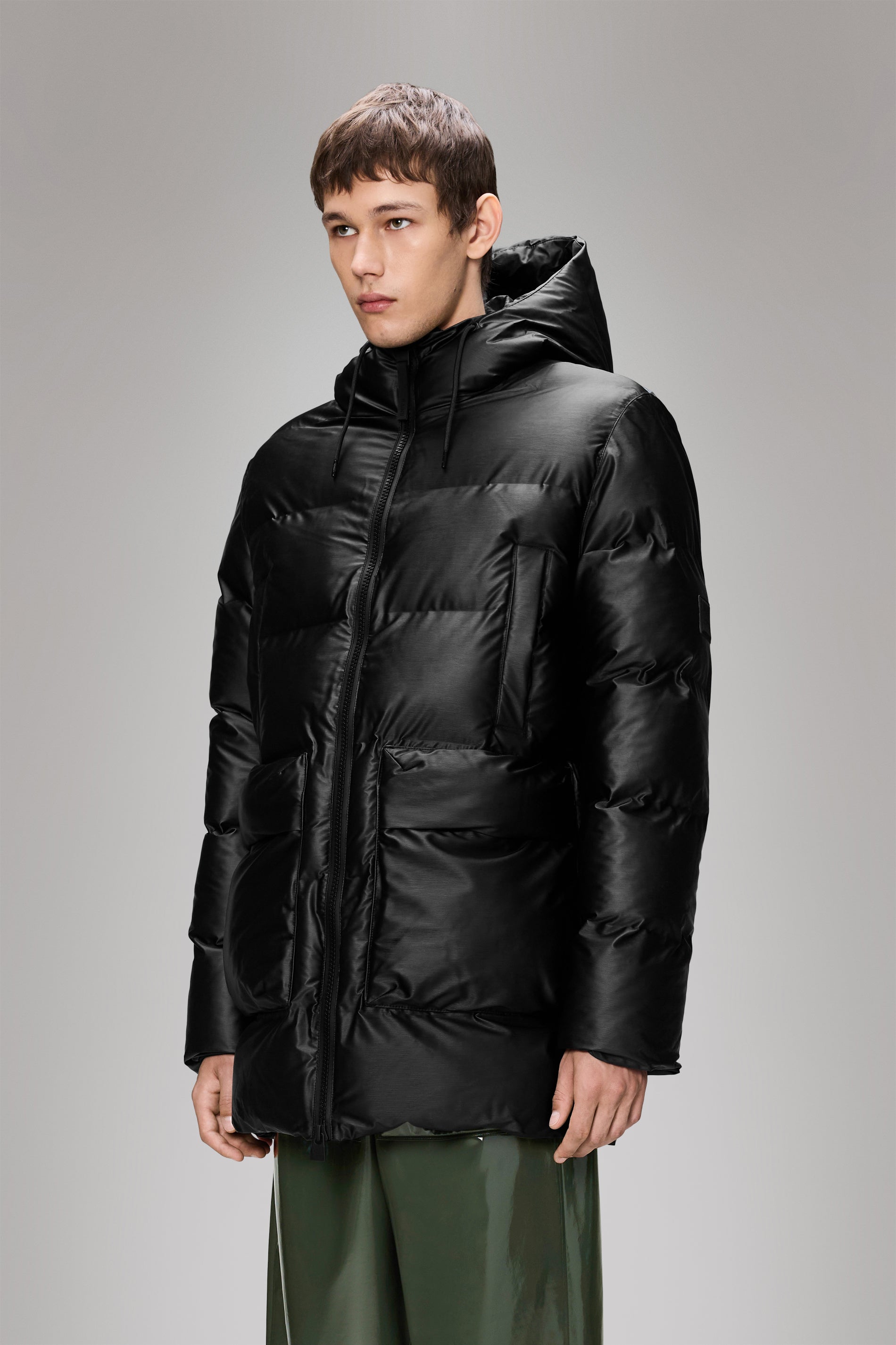 RAINS Alta Long Puffer Cargo Jacket Black Grain Jacket