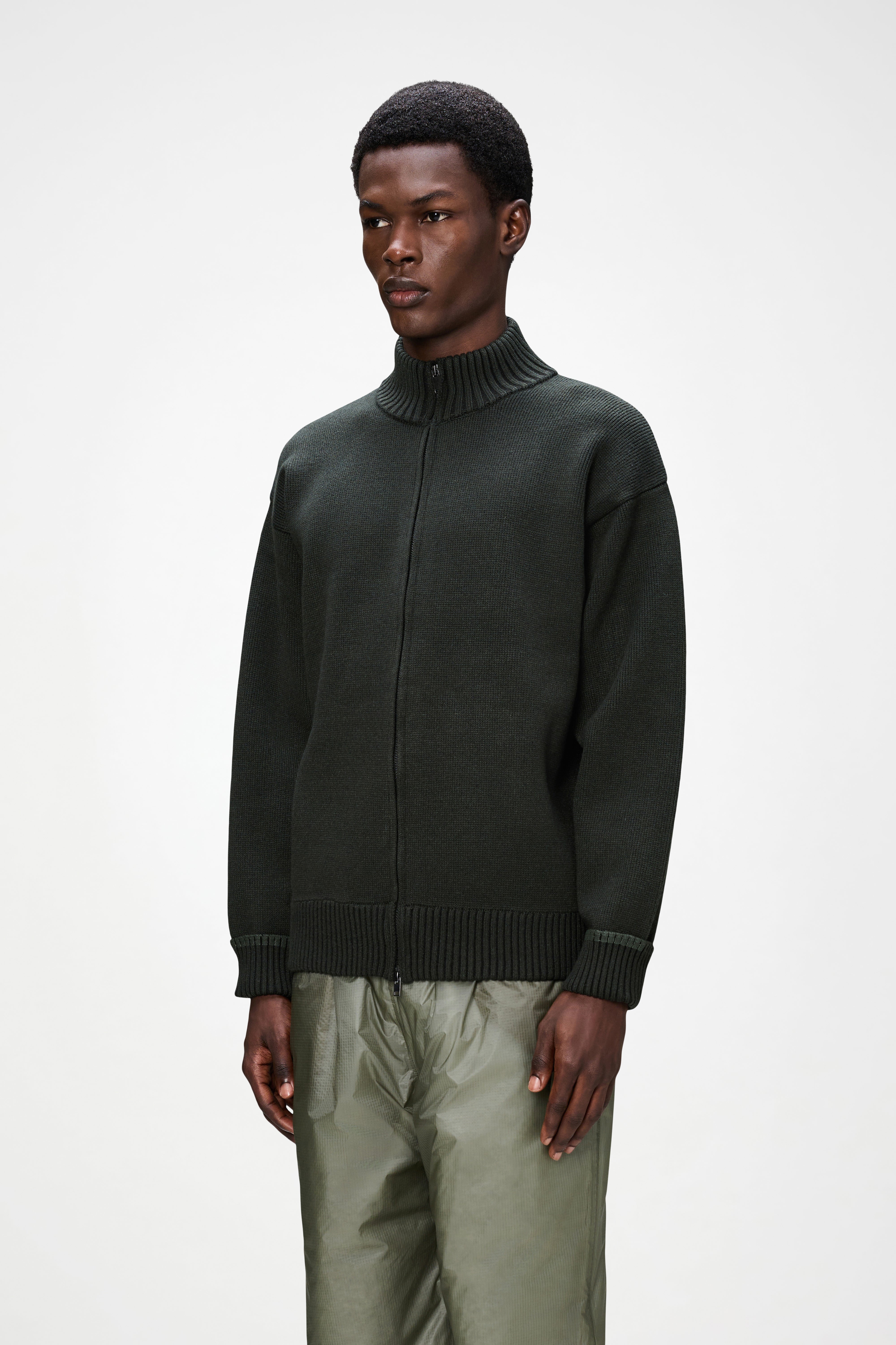 RAINS Sowa Knit Zip Cardigan Green/Black Long Sleeve