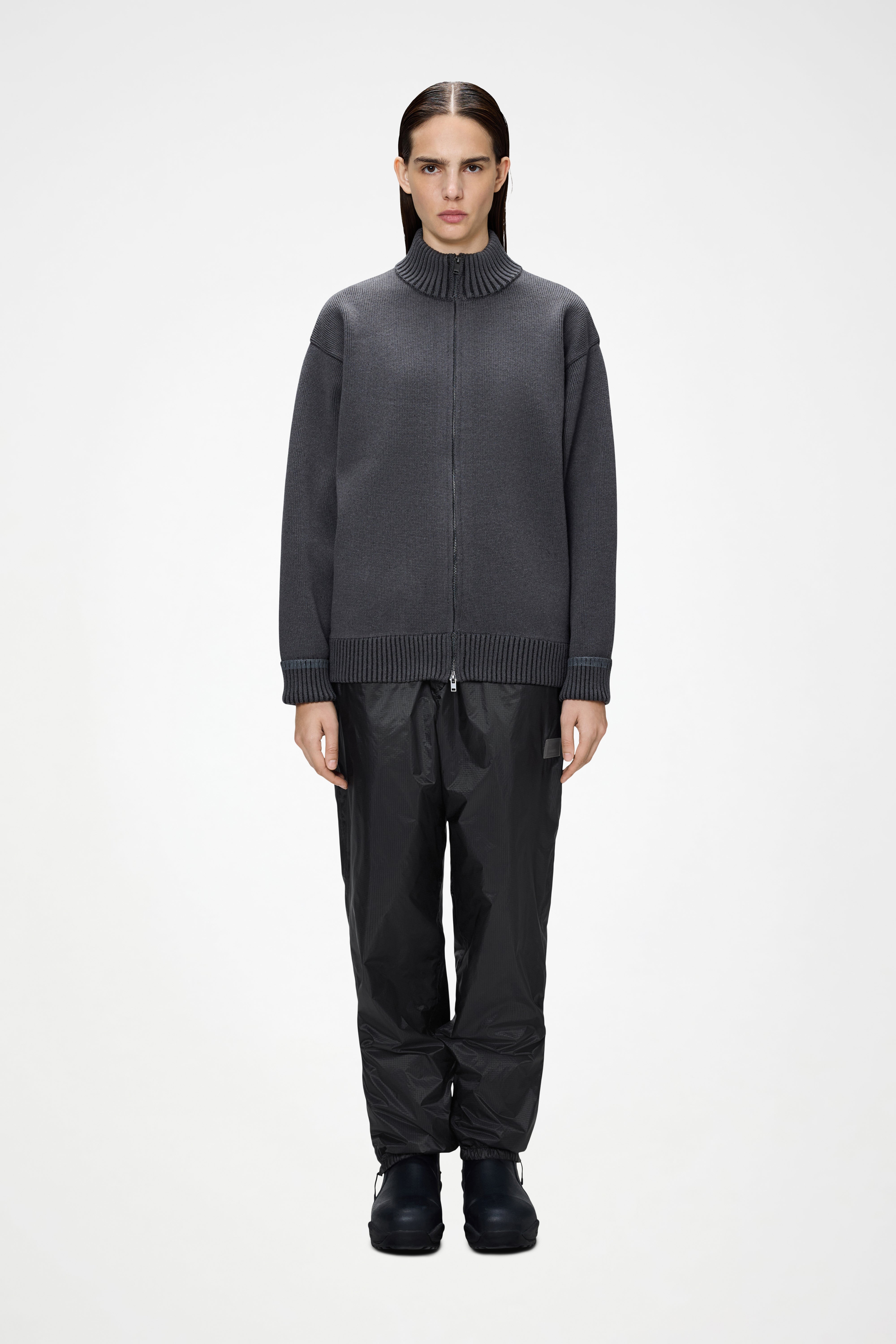 RAINS Sowa Knit Zip Cardigan Grey/Black Long Sleeve