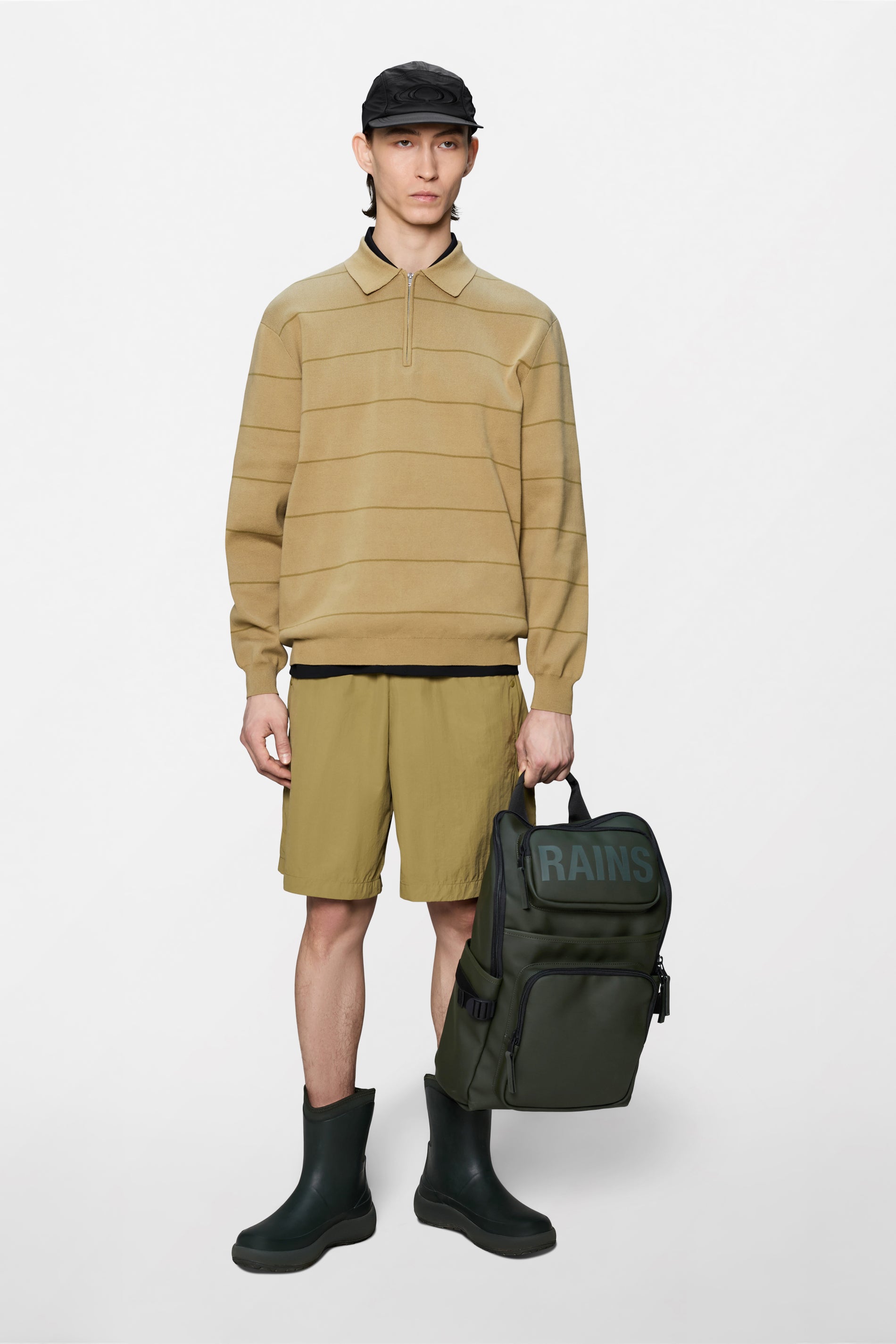 RAINS Striped Knit Long Sleeve Polo Fawn Long Sleeve